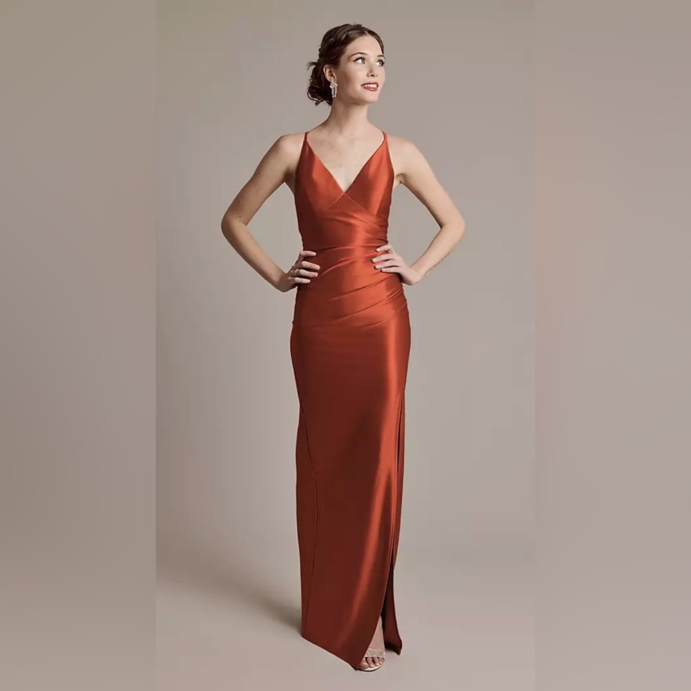 David's Bridal Strapless Rust Satin Dress